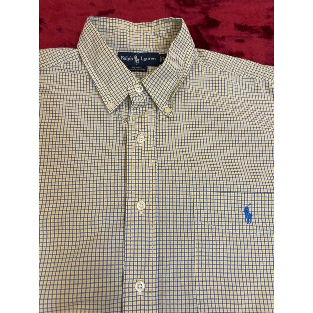 Polo Ralph Lauren Blake Shirt Mens Large Yellow Blue Check Short Sleeve Cotton